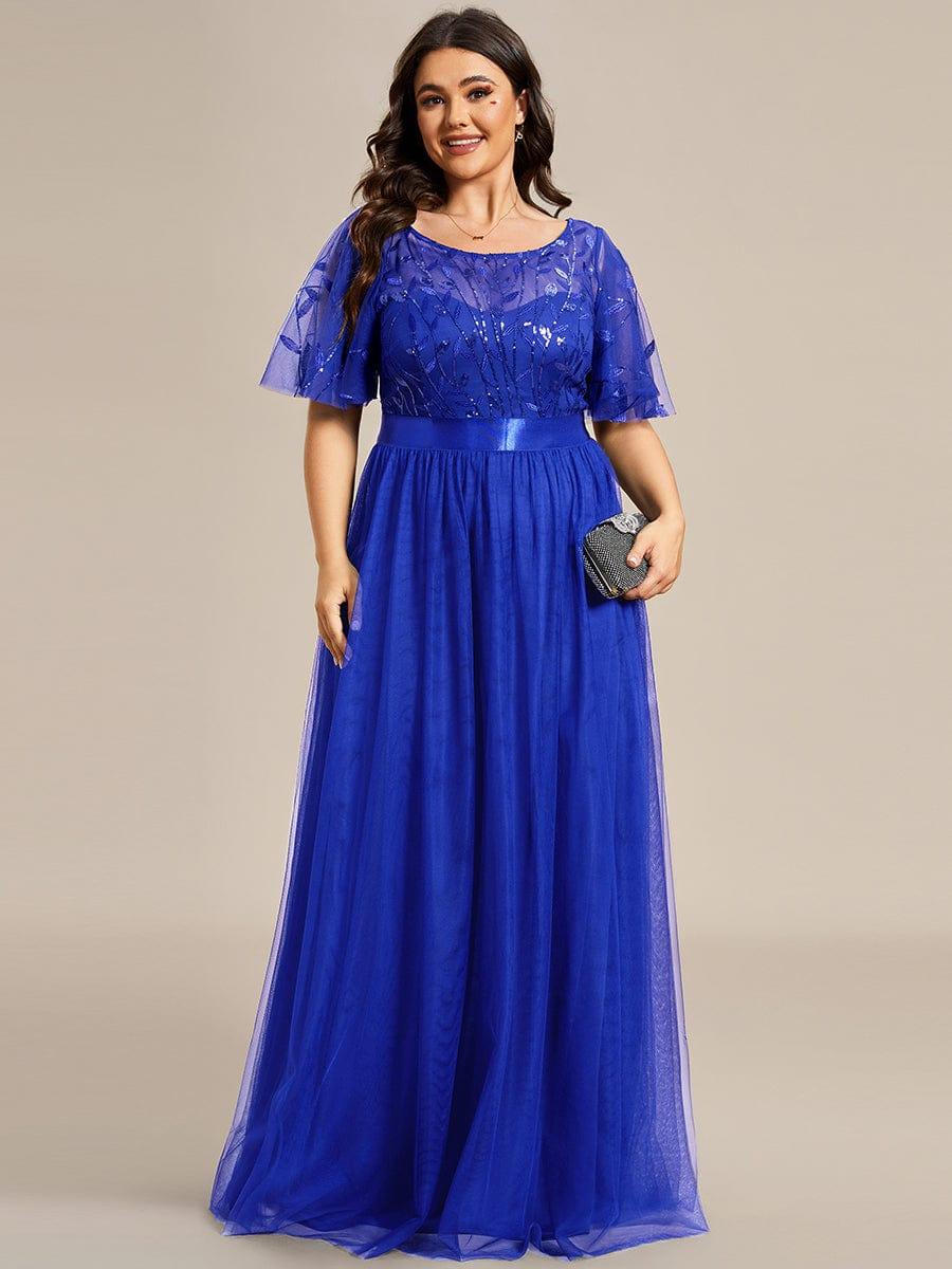 Plus size embroidered sequin A-line evening dress with short sleeves for women