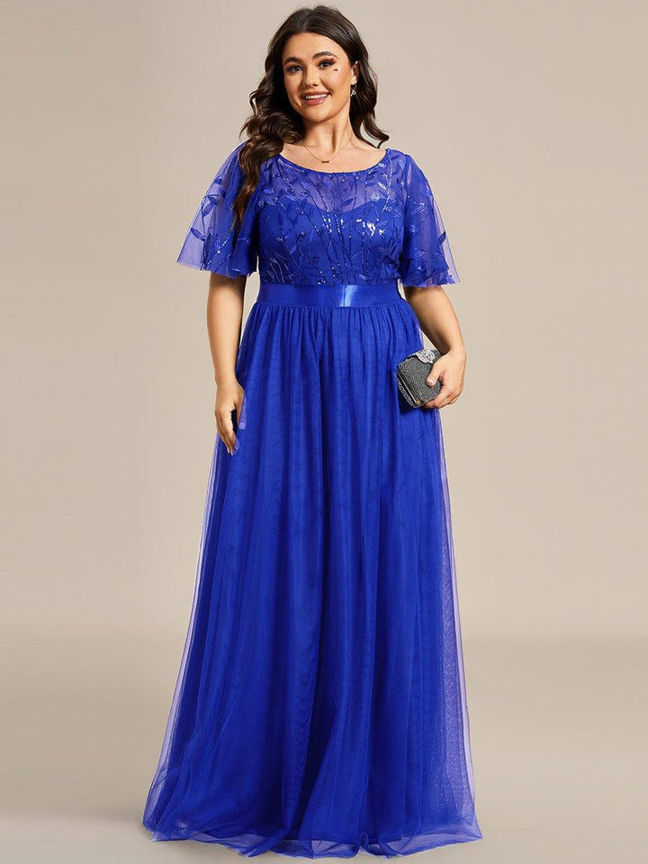 Plus size embroidered sequin A-line evening dress with short sleeves for women