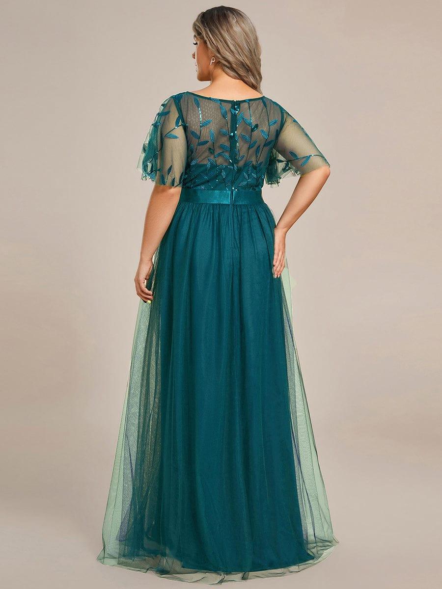 Plus size embroidered sequin A-line evening dress with short sleeves for women