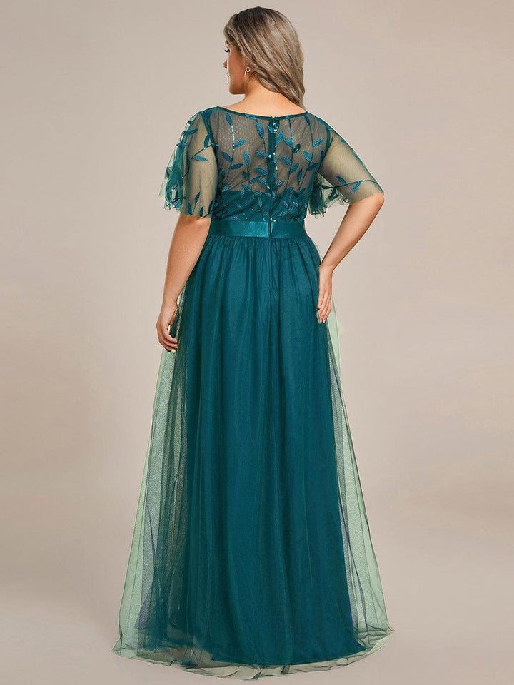 Plus size embroidered sequin A-line evening dress with short sleeves for women