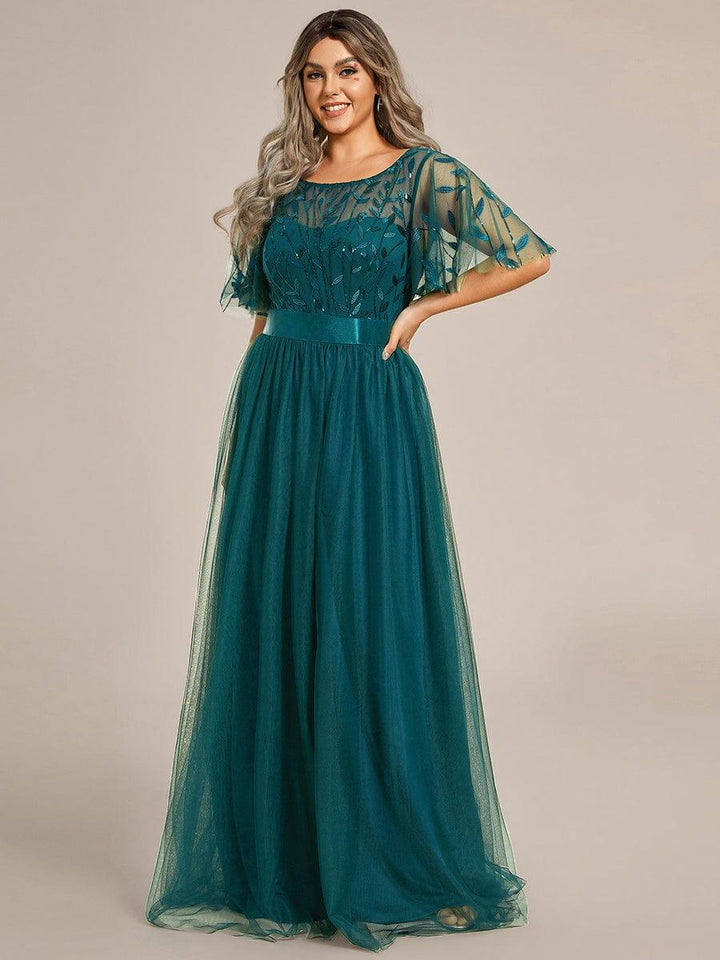 Plus size embroidered sequin A-line evening dress with short sleeves for women