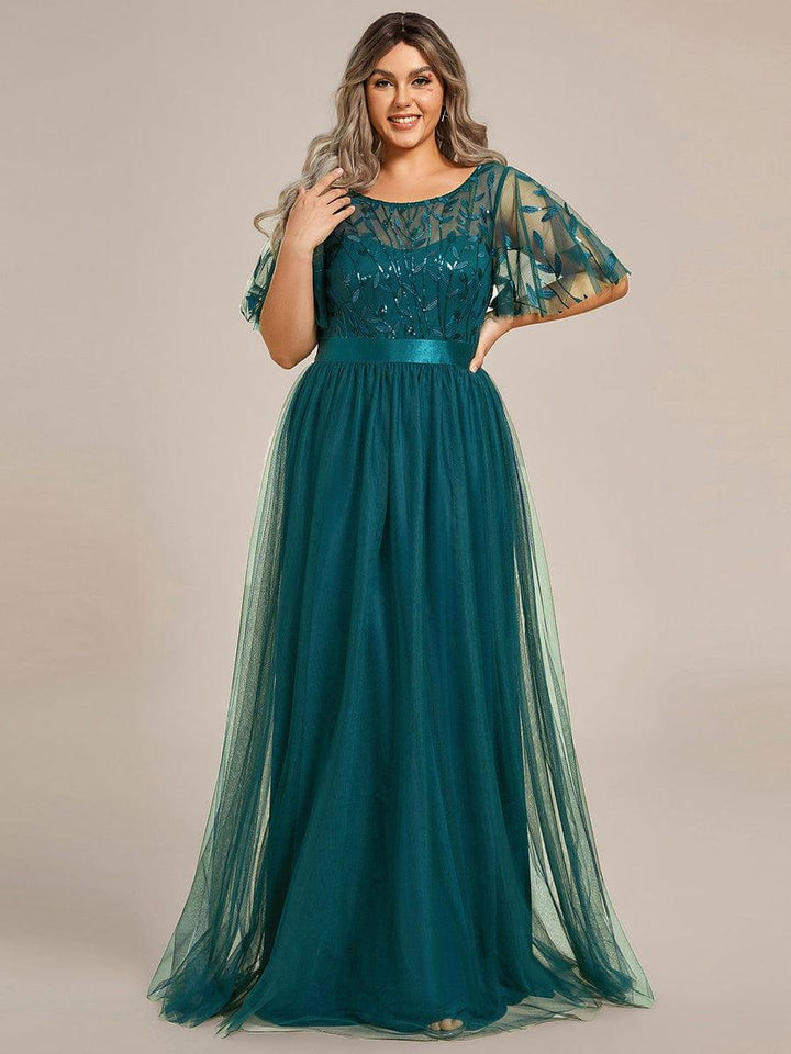Plus size embroidered sequin A-line evening dress with short sleeves for women