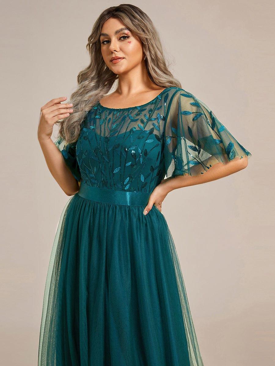 Plus size embroidered sequin A-line evening dress with short sleeves for women