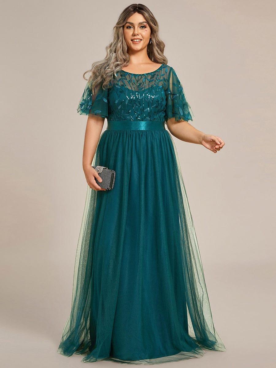 Plus size embroidered sequin A-line evening dress with short sleeves for women