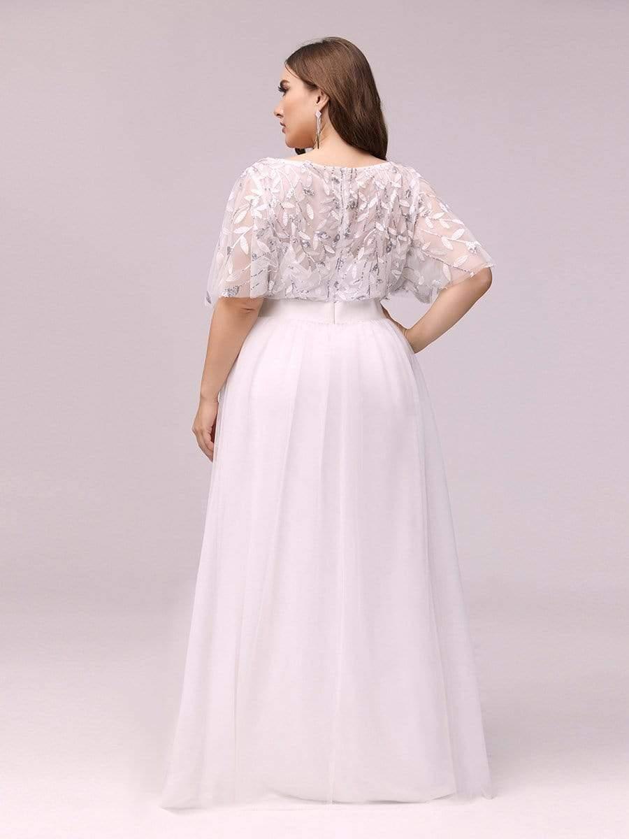 Plus size embroidered sequin A-line evening dress with short sleeves for women