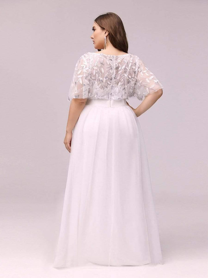 Plus size embroidered sequin A-line evening dress with short sleeves for women