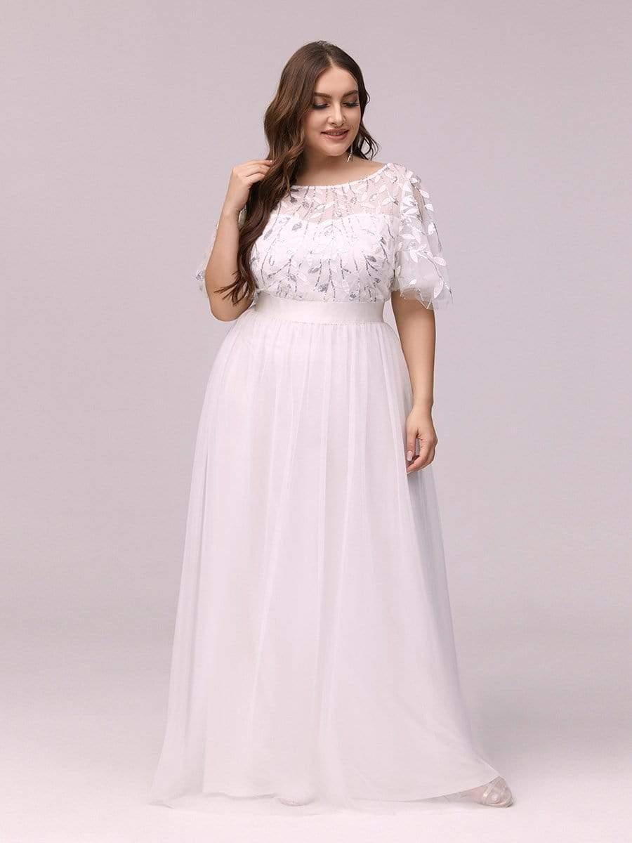 Plus size embroidered sequin A-line evening dress with short sleeves for women