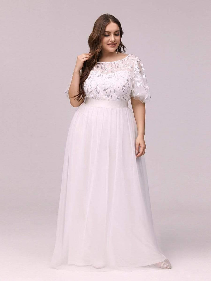 Plus size embroidered sequin A-line evening dress with short sleeves for women