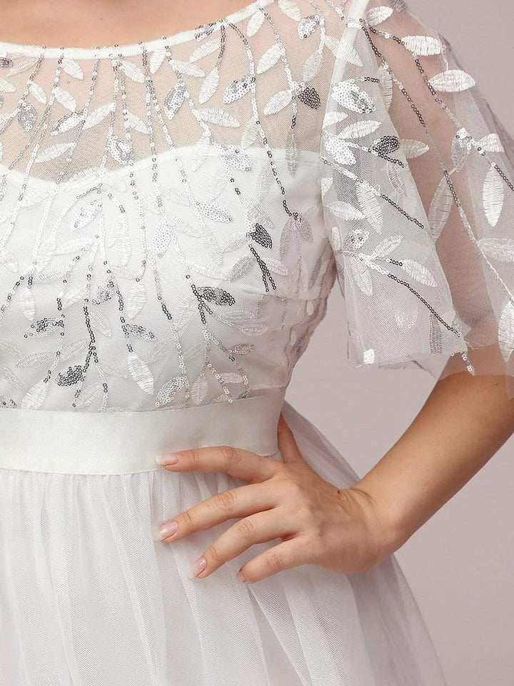 Plus size embroidered sequin A-line evening dress with short sleeves for women