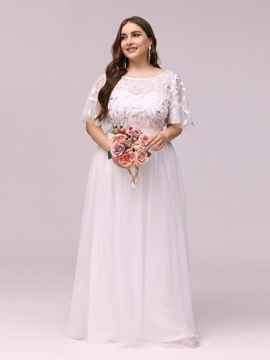 Plus size embroidered sequin A-line evening dress with short sleeves for women
