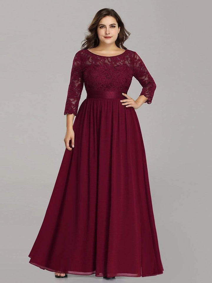Plus size sheer lace floor-length evening dress with half sleeves for women