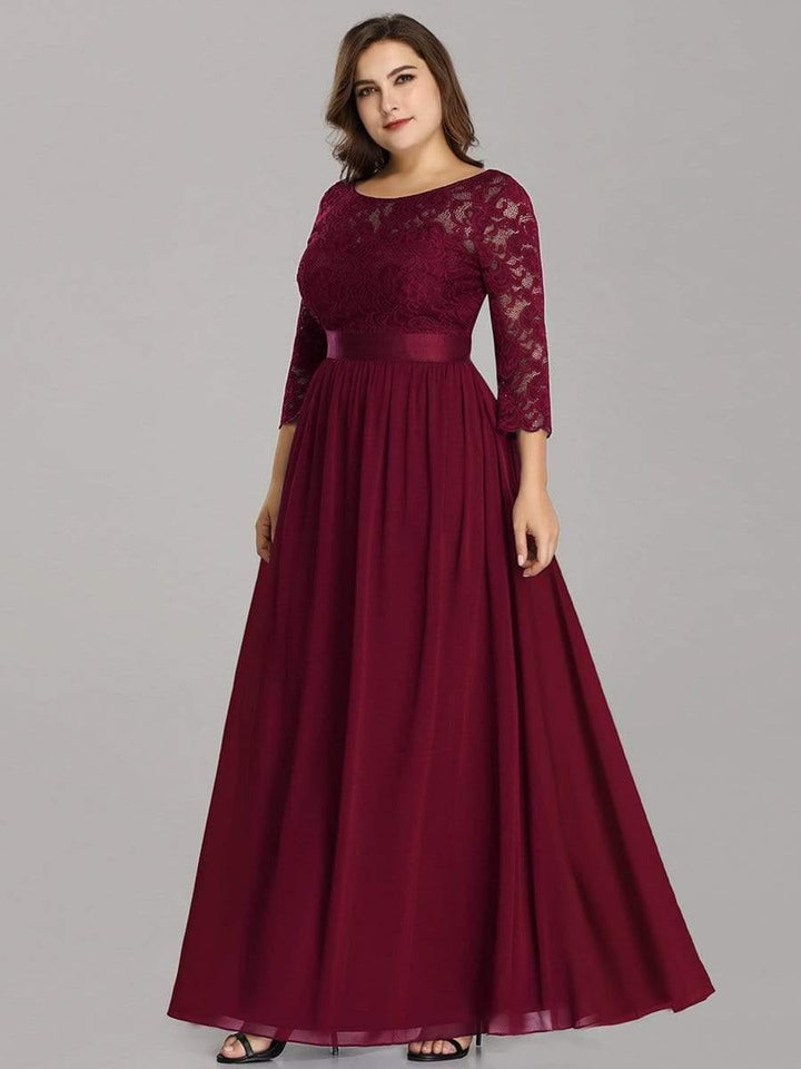 Plus size sheer lace floor-length evening dress with half sleeves for women