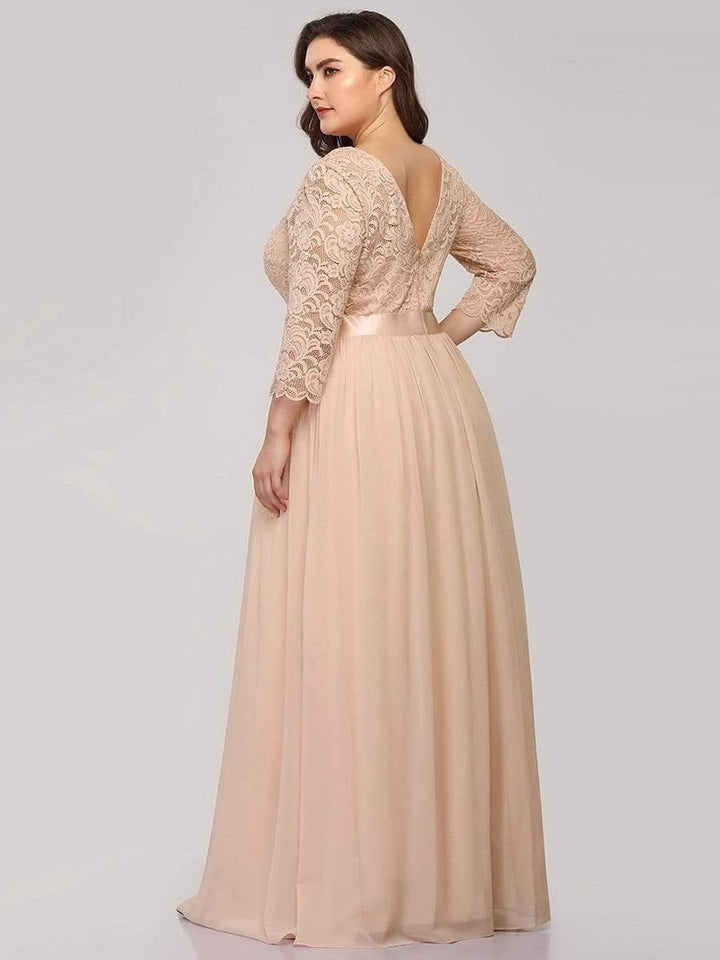 Plus size sheer lace floor-length evening dress with half sleeves for women