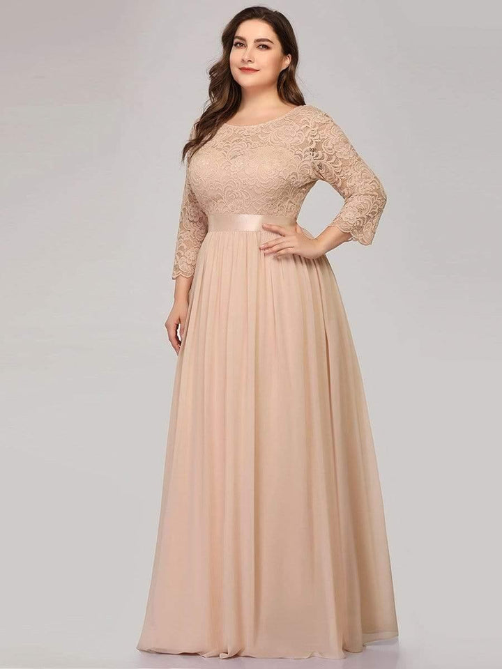 Plus size sheer lace floor-length evening dress with half sleeves for women