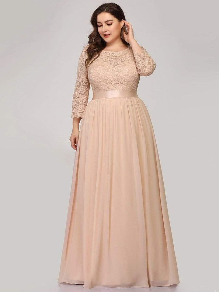Plus size sheer lace floor-length evening dress with half sleeves for women