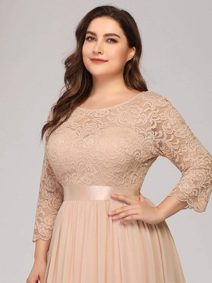 Plus size sheer lace floor-length evening dress with half sleeves for women