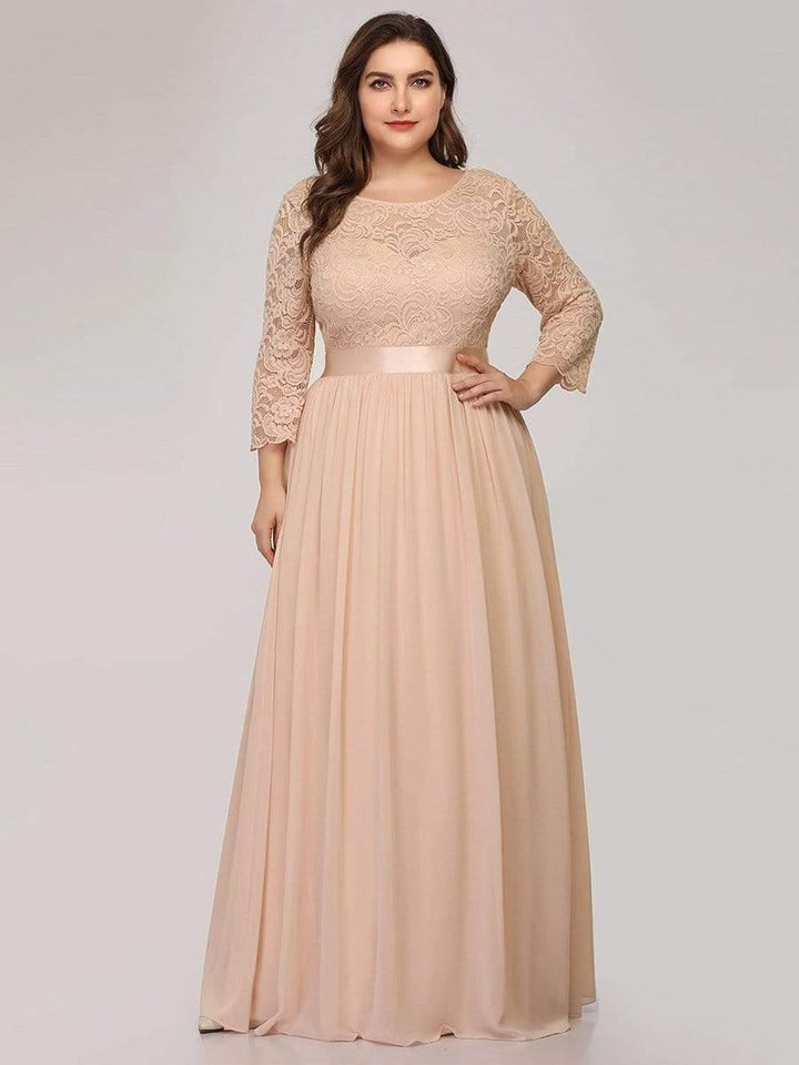 Plus size sheer lace floor-length evening dress with half sleeves for women