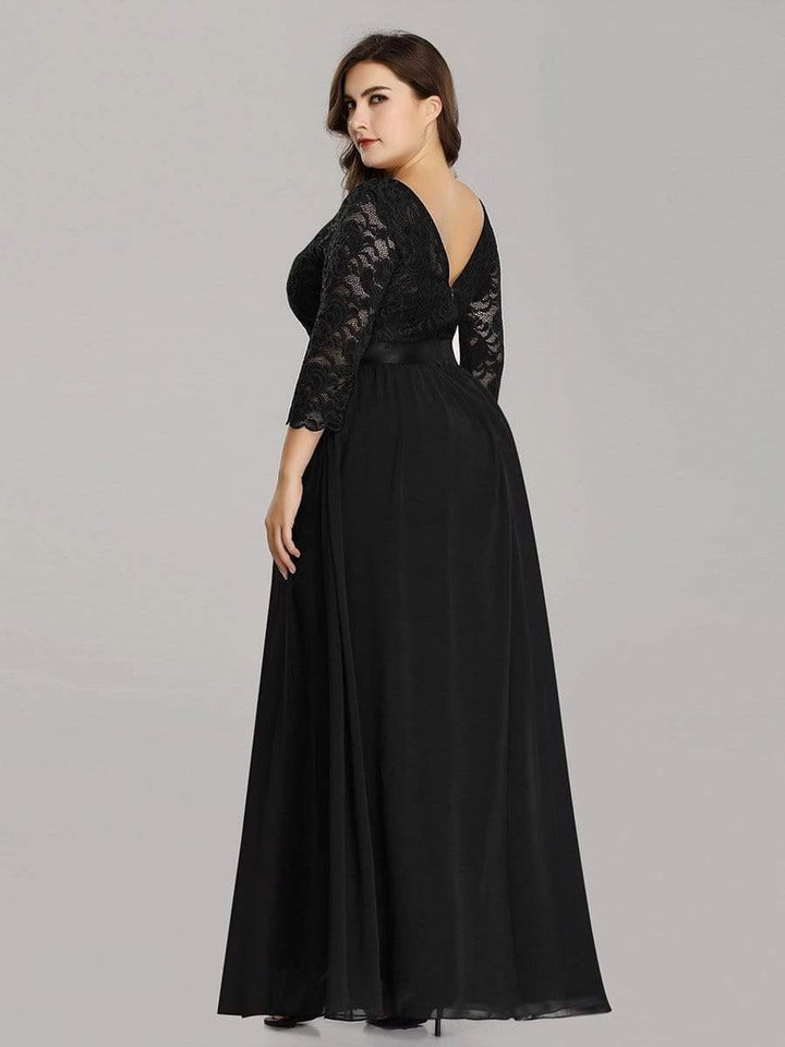 Plus size sheer lace floor-length evening dress with half sleeves for women