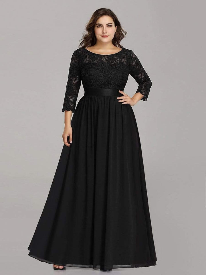 Plus size sheer lace floor-length evening dress with half sleeves for women