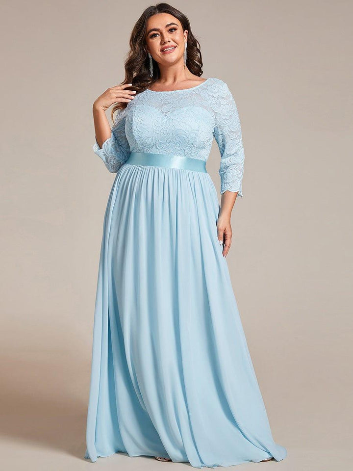 Plus size sheer lace floor-length evening dress with half sleeves for women