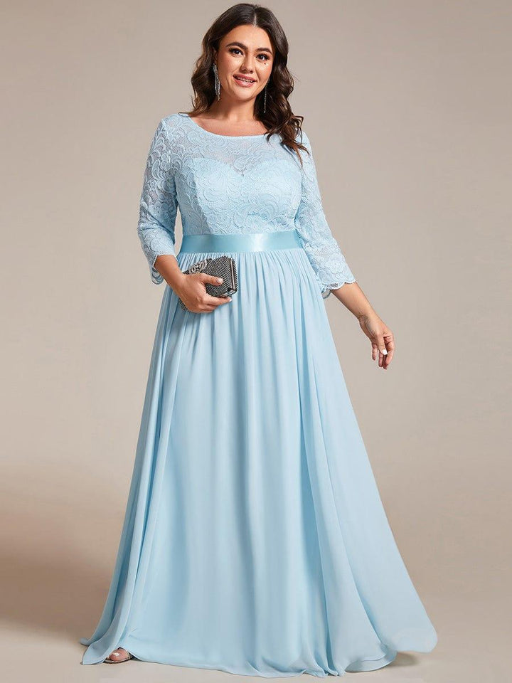 Plus size sheer lace floor-length evening dress with half sleeves for women