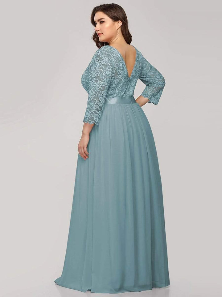Plus size sheer lace floor-length evening dress with half sleeves for women