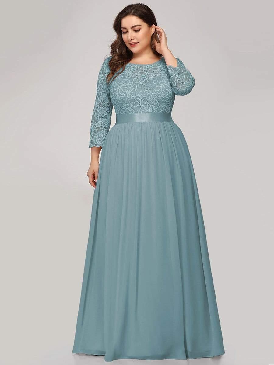 Plus size sheer lace floor-length evening dress with half sleeves for women