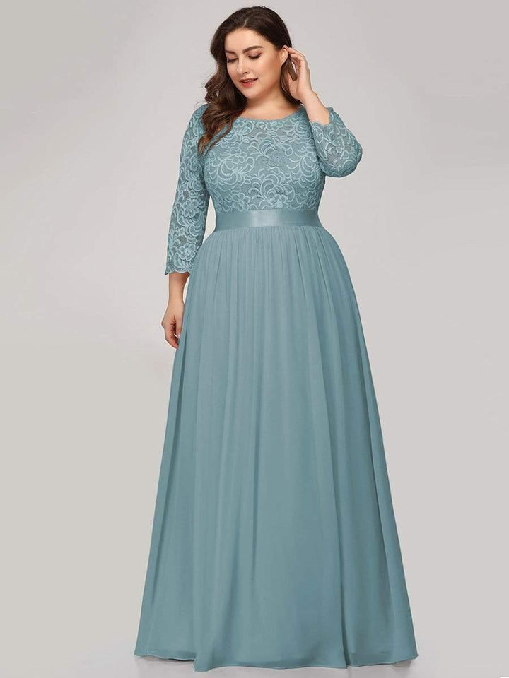 Plus size sheer lace floor-length evening dress with half sleeves for women