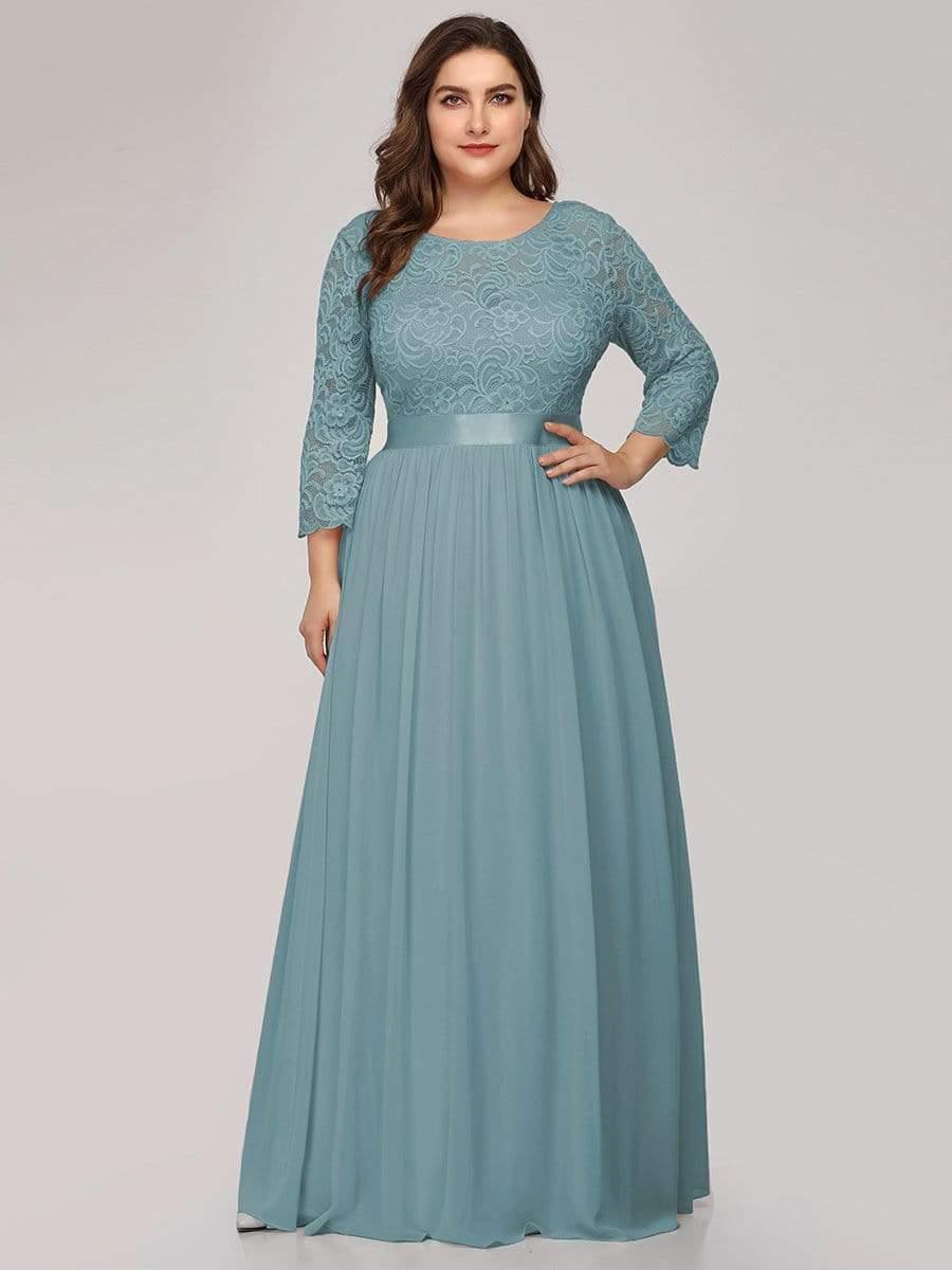 Plus size sheer lace floor-length evening dress with half sleeves for women