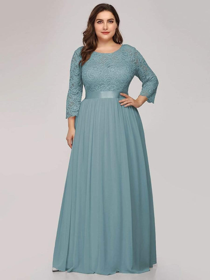 Plus size sheer lace floor-length evening dress with half sleeves for women