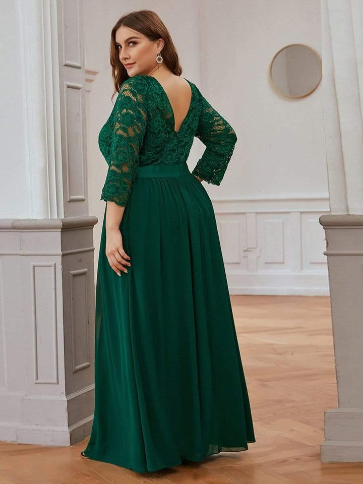 Plus size sheer lace floor-length evening dress with half sleeves for women