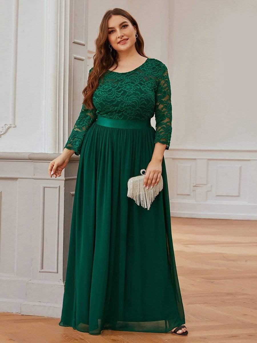 Plus size sheer lace floor-length evening dress with half sleeves for women