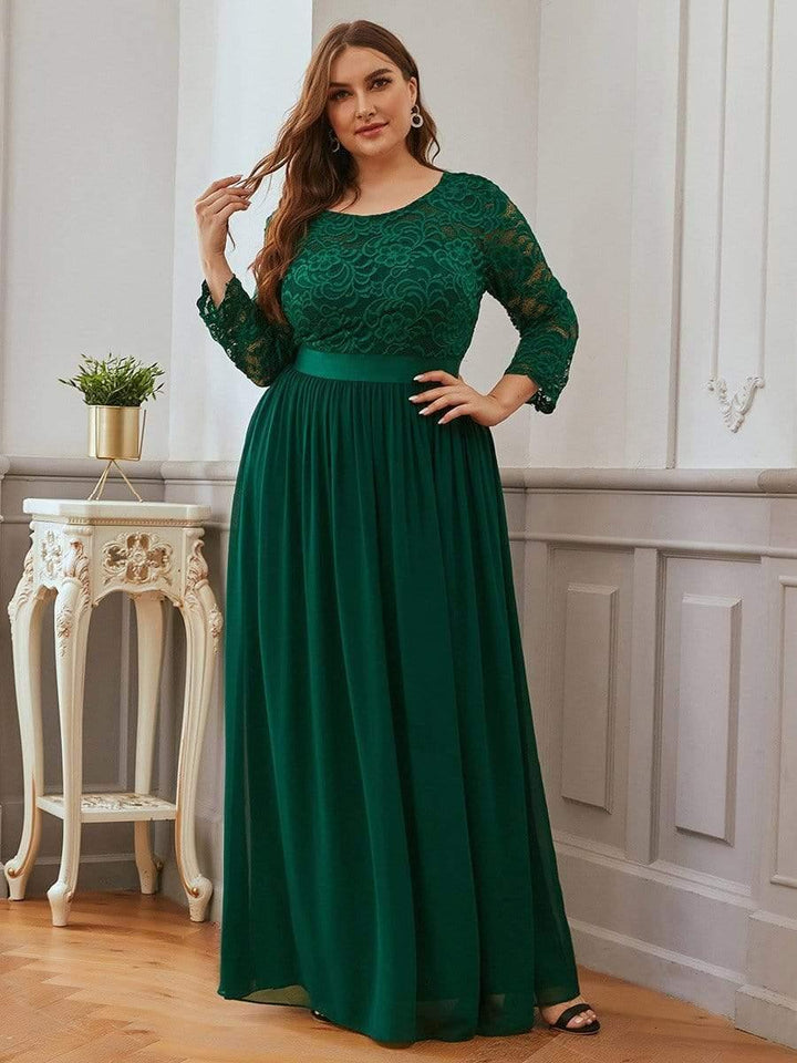 Plus size sheer lace floor-length evening dress with half sleeves for women