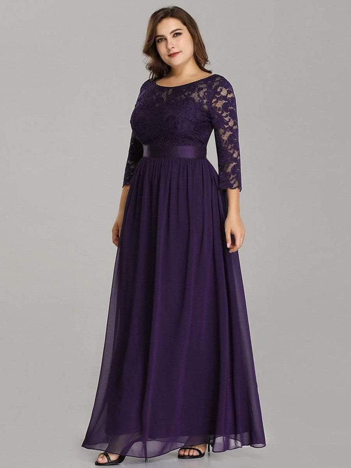 Plus size sheer lace floor-length evening dress with half sleeves for women