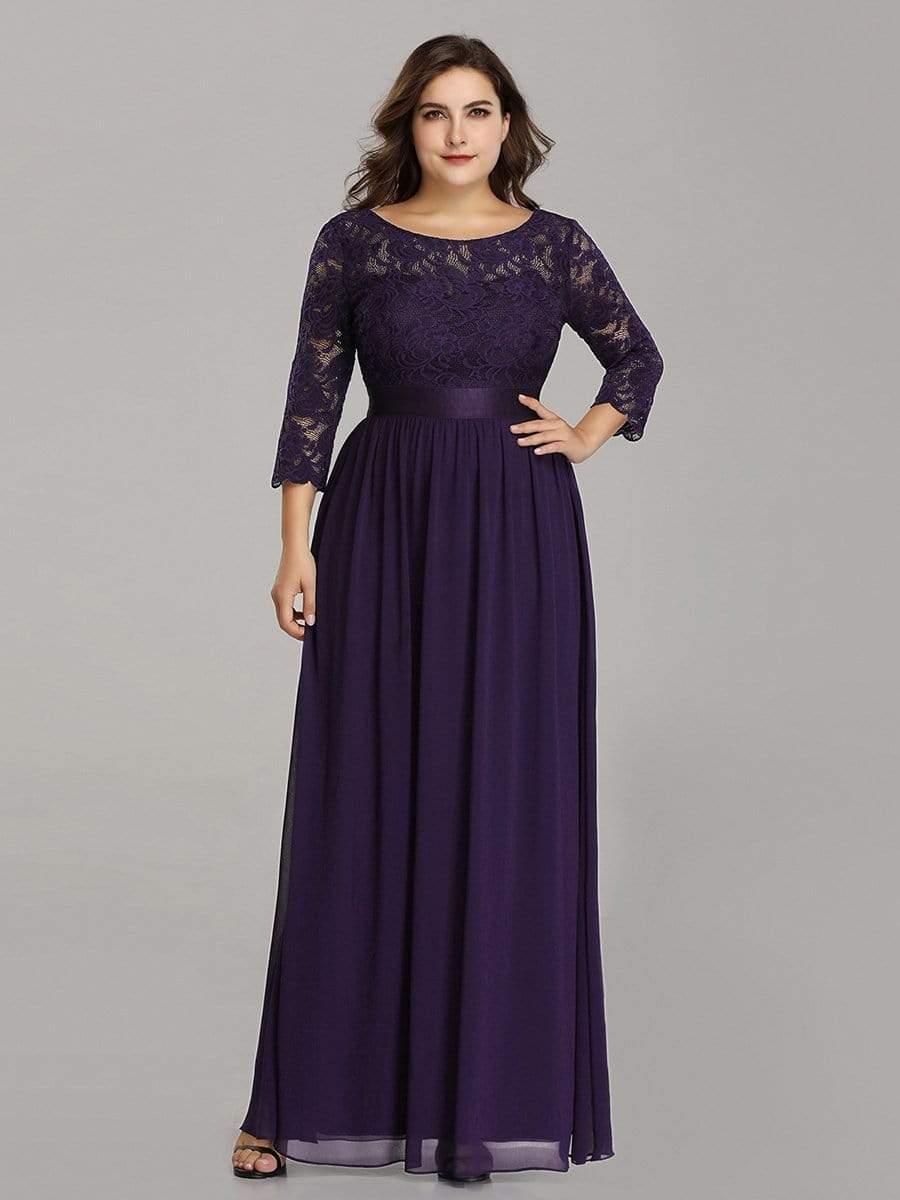 Plus size sheer lace floor-length evening dress with half sleeves for women