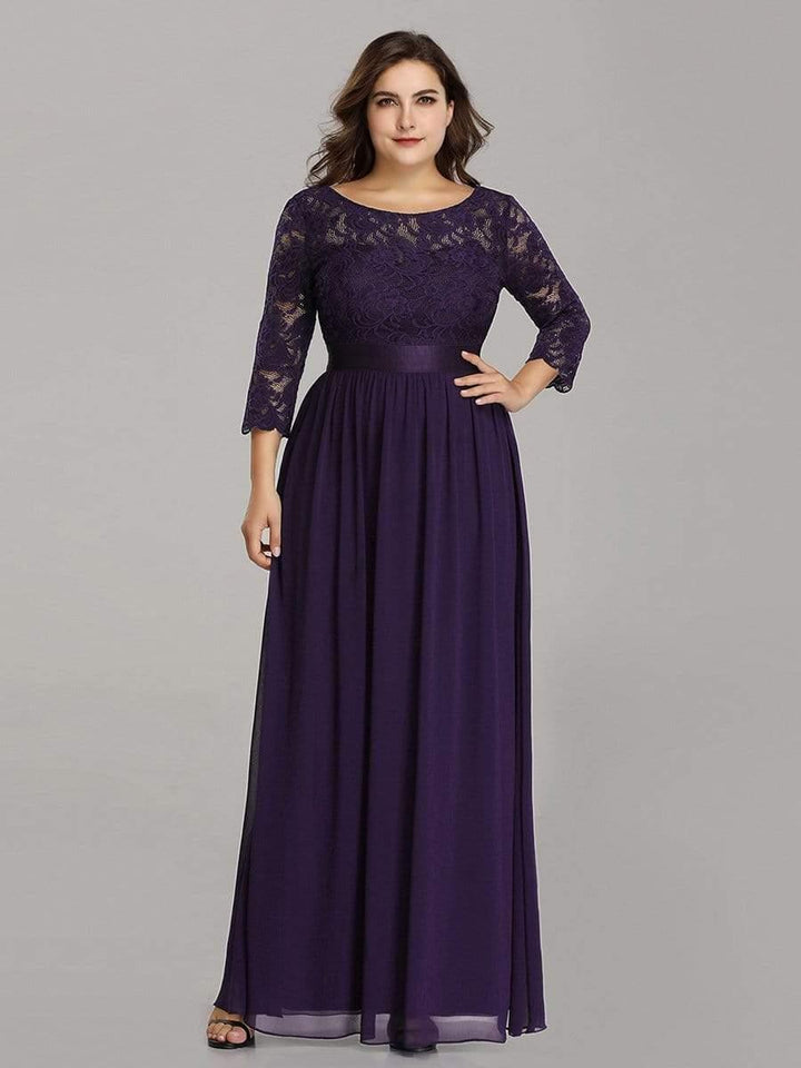 Plus size sheer lace floor-length evening dress with half sleeves for women