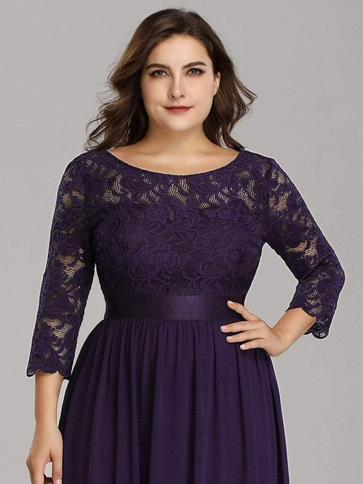 Plus size sheer lace floor-length evening dress with half sleeves for women