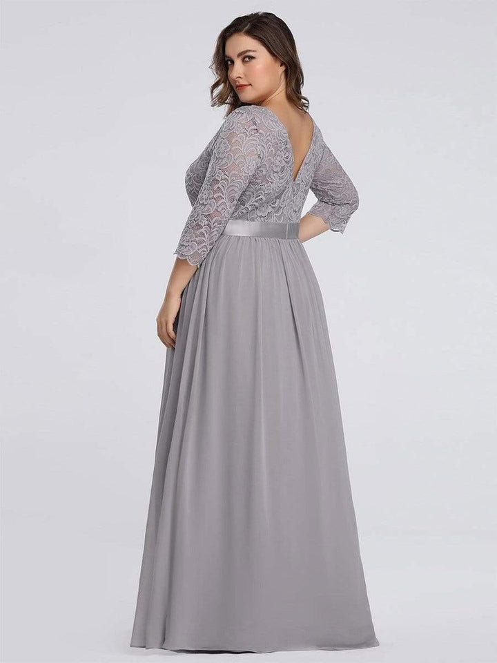 Plus size sheer lace floor-length evening dress with half sleeves for women