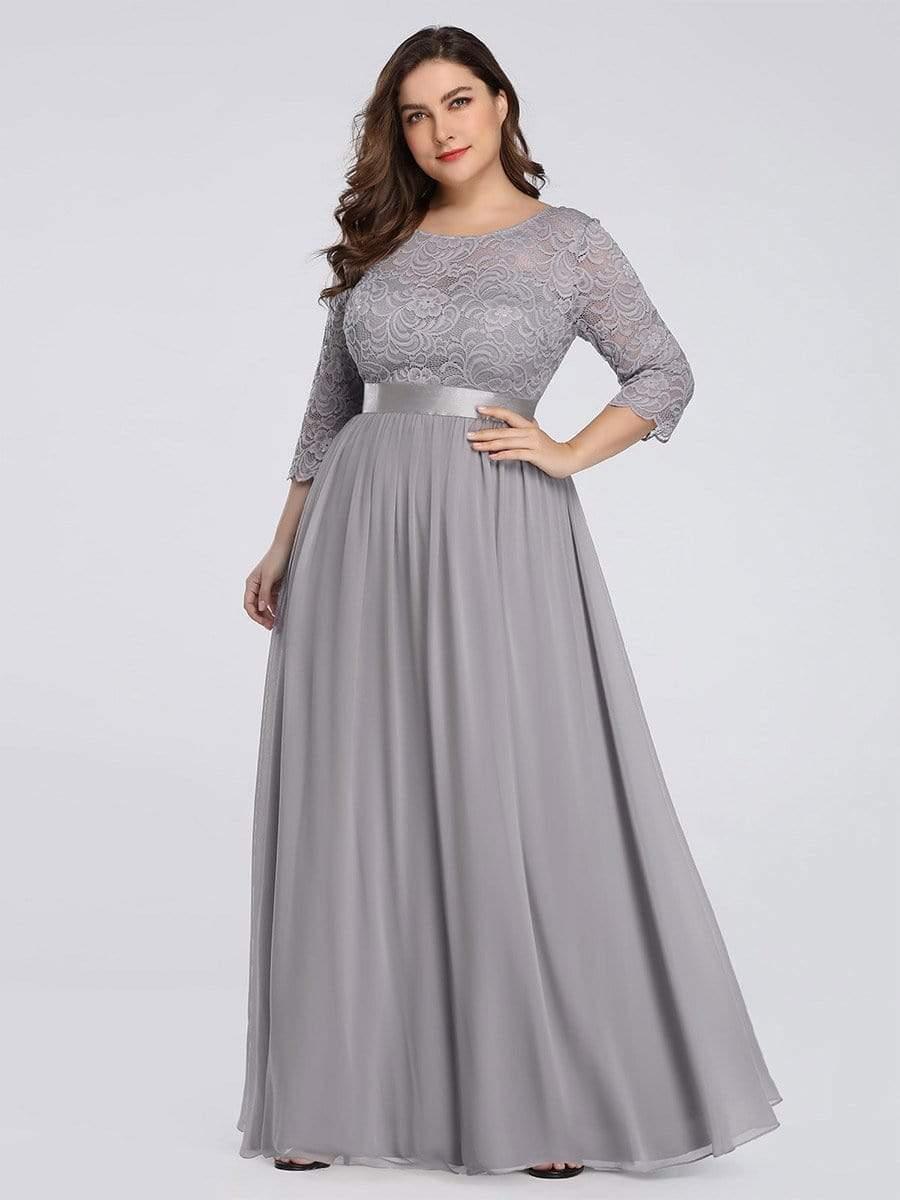 Plus size sheer lace floor-length evening dress with half sleeves for women
