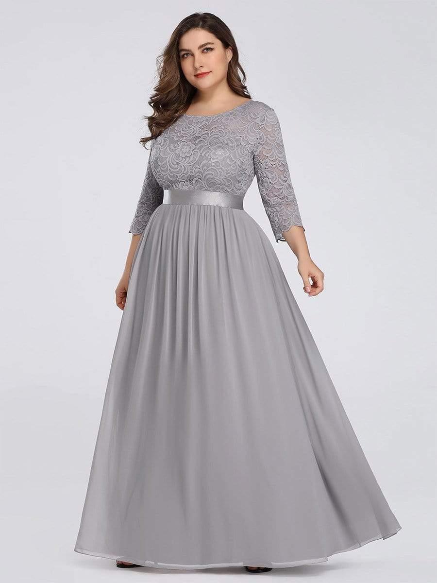 Plus size sheer lace floor-length evening dress with half sleeves for women