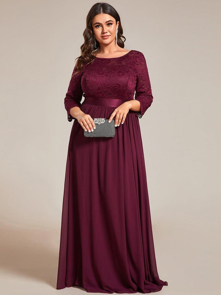 Plus size sheer lace floor-length evening dress with half sleeves for women