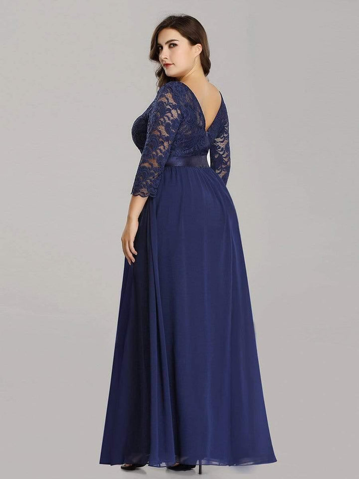 Plus size sheer lace floor-length evening dress with half sleeves for women