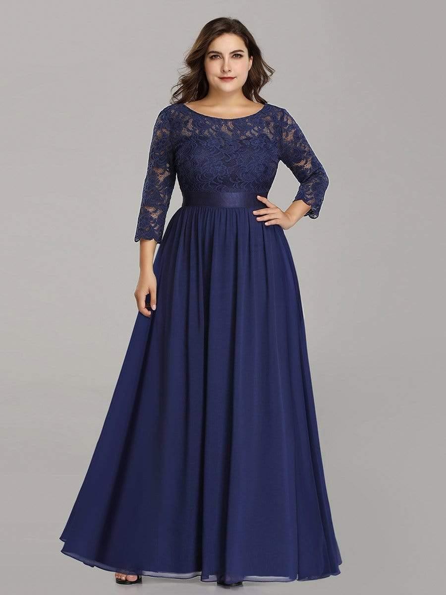 Plus size sheer lace floor-length evening dress with half sleeves for women