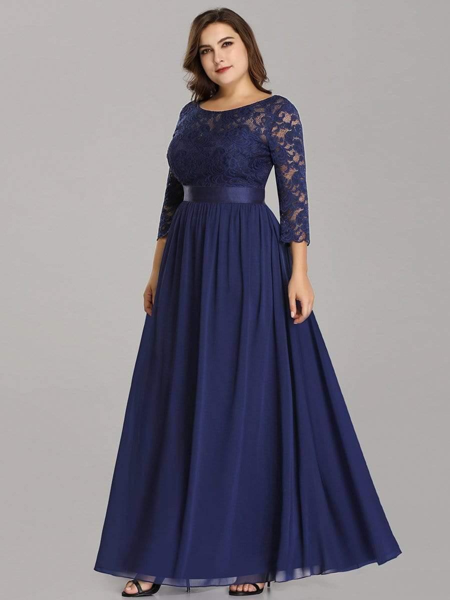 Plus size sheer lace floor-length evening dress with half sleeves for women
