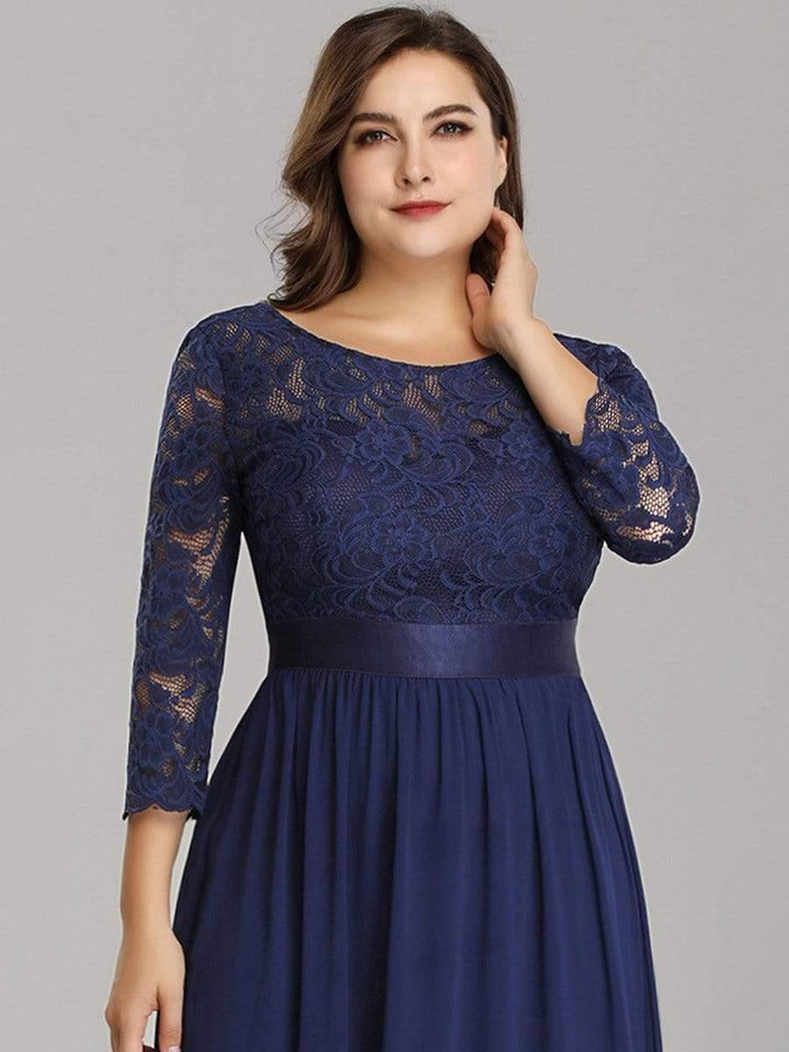 Plus size sheer lace floor-length evening dress with half sleeves for women