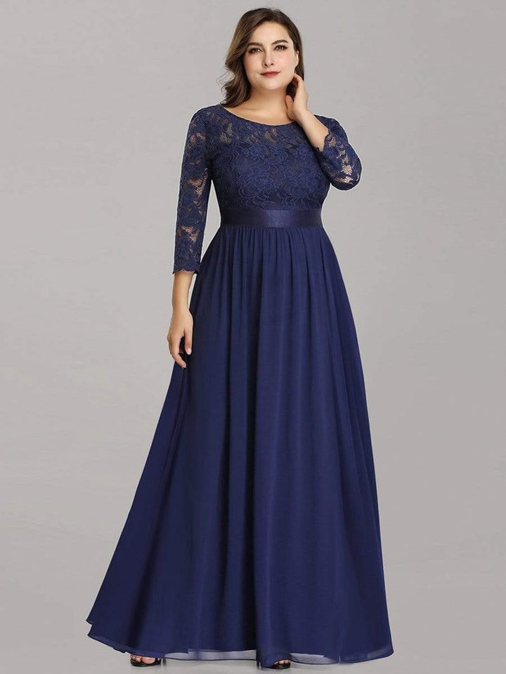 Plus size sheer lace floor-length evening dress with half sleeves for women