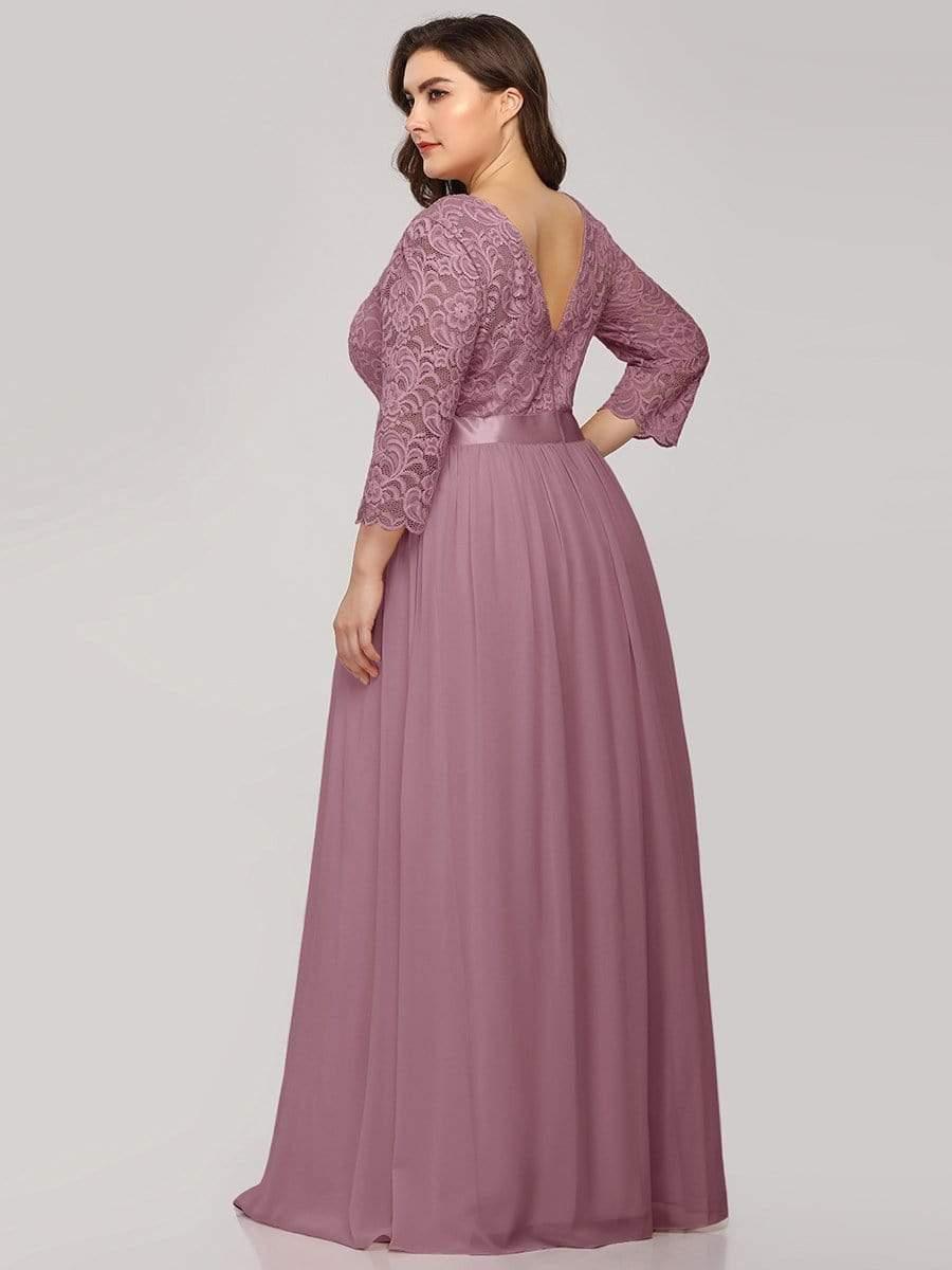 Plus size sheer lace floor-length evening dress with half sleeves for women