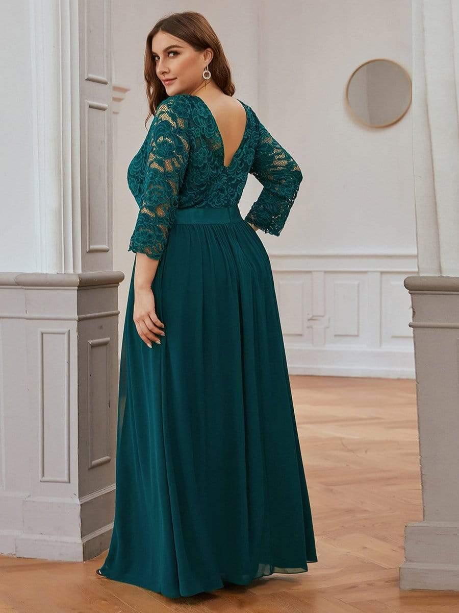 Plus size sheer lace floor-length evening dress with half sleeves for women