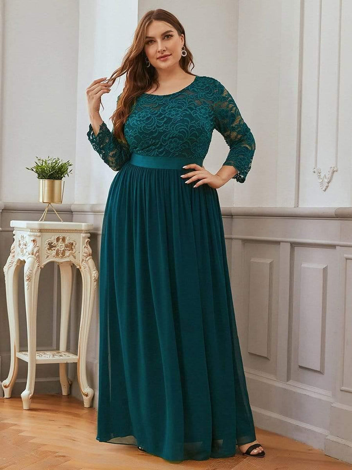Plus size sheer lace floor-length evening dress with half sleeves for women