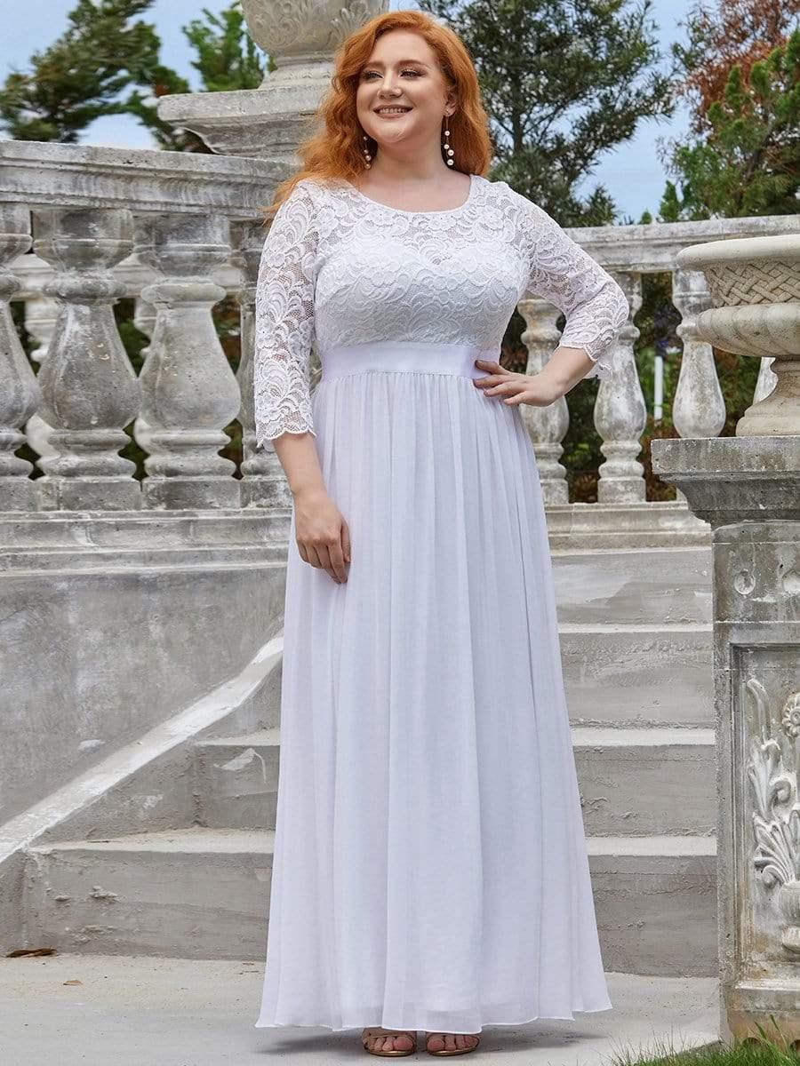 Plus size sheer lace floor-length evening dress with half sleeves for women